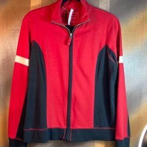 90’s‎ Chart Club zip up cardigan. Red, black and cream. Jersey fabric. Box R